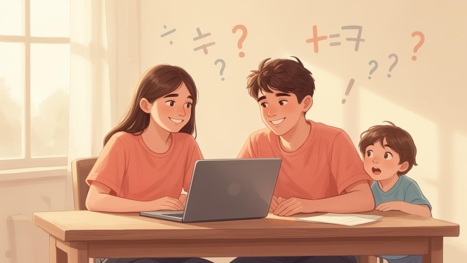 Hermanos adolescentes aprendiendo juntos con FamiTutor mientras su hermano pequeño les acompaña